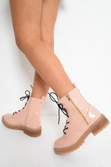 Pink Patent Lace Up Zip Ankle Boots -shiri-Boots