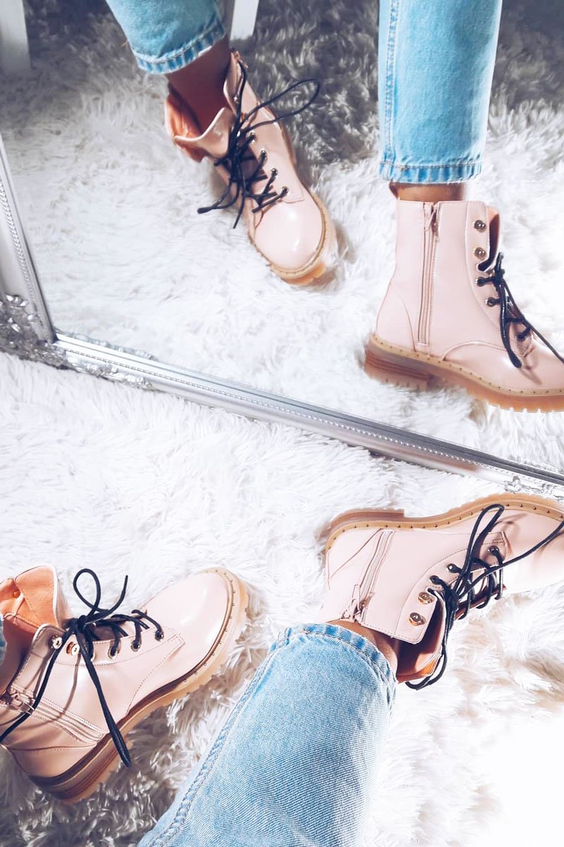 Pink Patent Lace Up Zip Ankle Boots -shiri-Boots