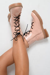 Pink Patent Lace Up Zip Ankle Boots -shiri-Boots
