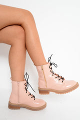 Pink Patent Lace Up Zip Ankle Boots -shiri-Boots