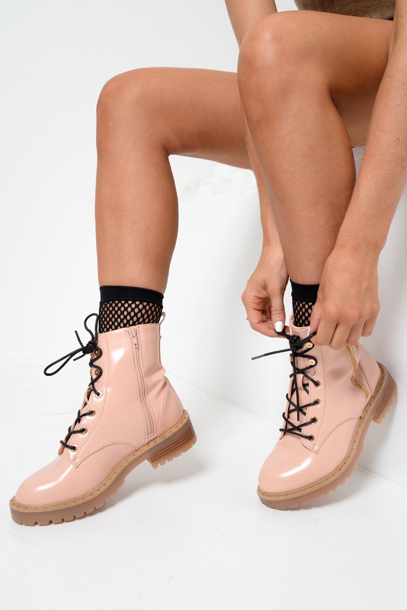 Pink Patent Lace Up Zip Ankle Boots -shiri-Boots