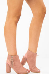 Pink Peep Toe Cut Out Heel Block Heels - Crissie-Heels