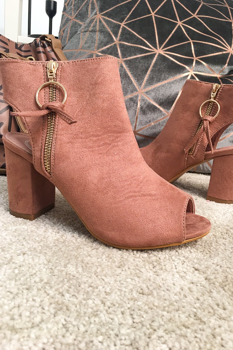 Pink Peep Toe Cut Out Heel Block Heels - Crissie-Heels