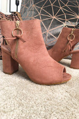 Pink Peep Toe Cut Out Heel Block Heels - Crissie-Heels