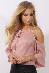 Pink Pleated Drawstring Halter Cold Shoulder Top - Dixie-Tops