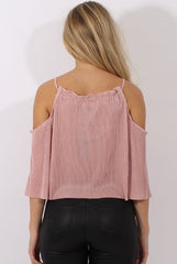 Pink Pleated Drawstring Halter Cold Shoulder Top - Dixie-Tops
