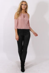 Pink Pleated Drawstring Halter Cold Shoulder Top - Dixie-Tops