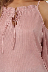 Pink Pleated Drawstring Halter Cold Shoulder Top - Dixie-Tops