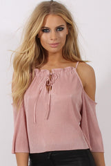Pink Pleated Drawstring Halter Cold Shoulder Top - Dixie-Tops