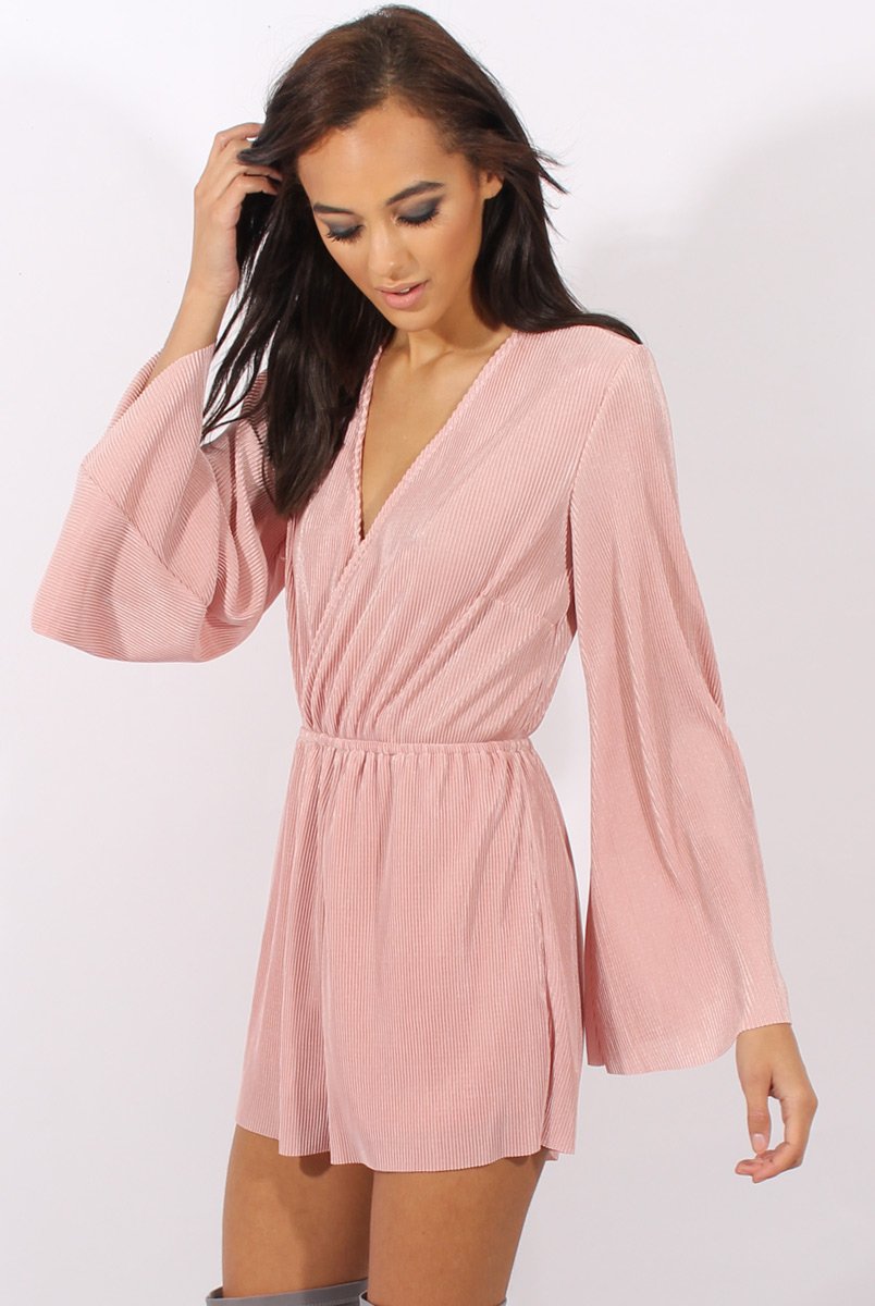 Pink Pleated Flared Sleeve Playsuit - Amity-Playsuits