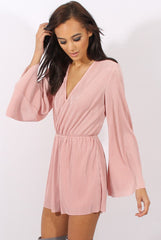 Pink Pleated Flared Sleeve Playsuit - Amity-Playsuits