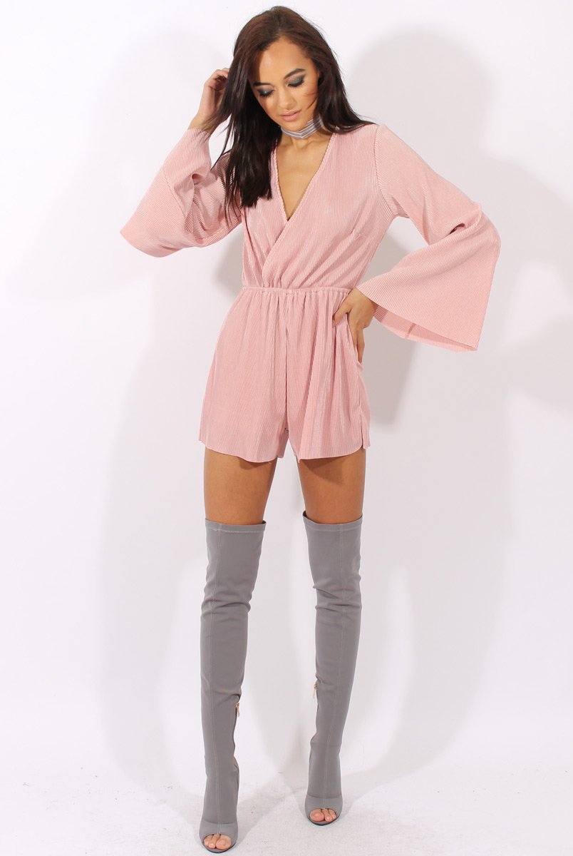 Pink Pleated Flared Sleeve Playsuit - Amity-Playsuits