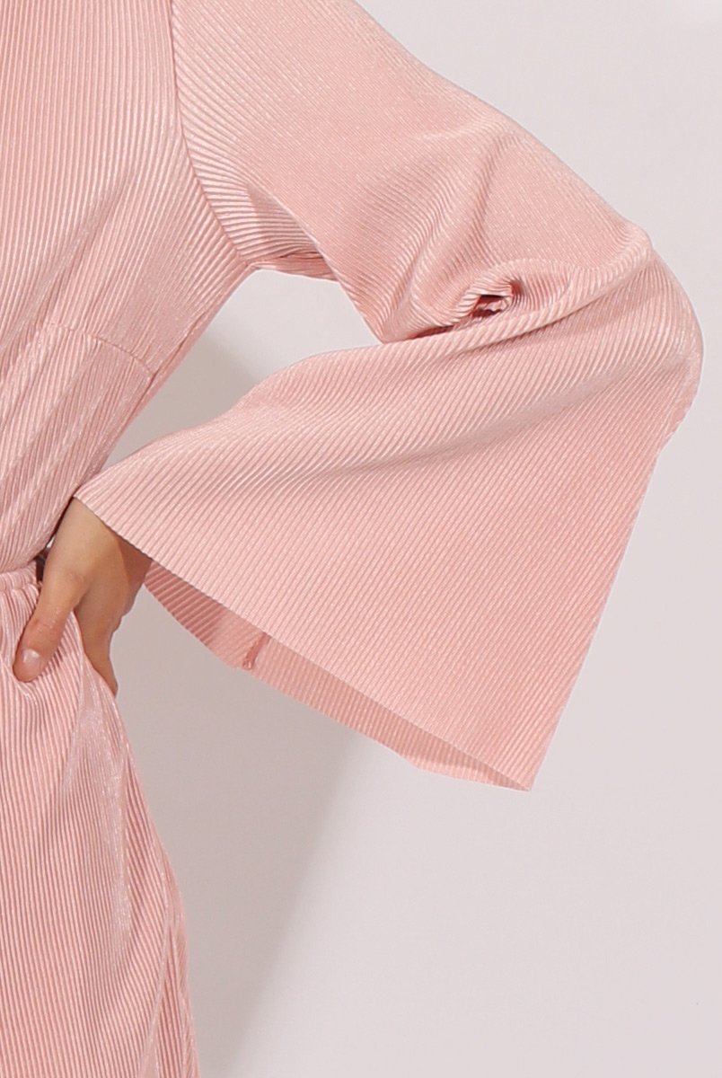 Pink Pleated Flared Sleeve Playsuit - Amity-Playsuits