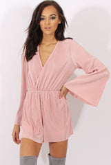 Pink Pleated Flared Sleeve Playsuit - Amity-Playsuits