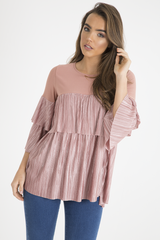 Pink Pleated Layered Frill Oversized Top - Matilda-Tops