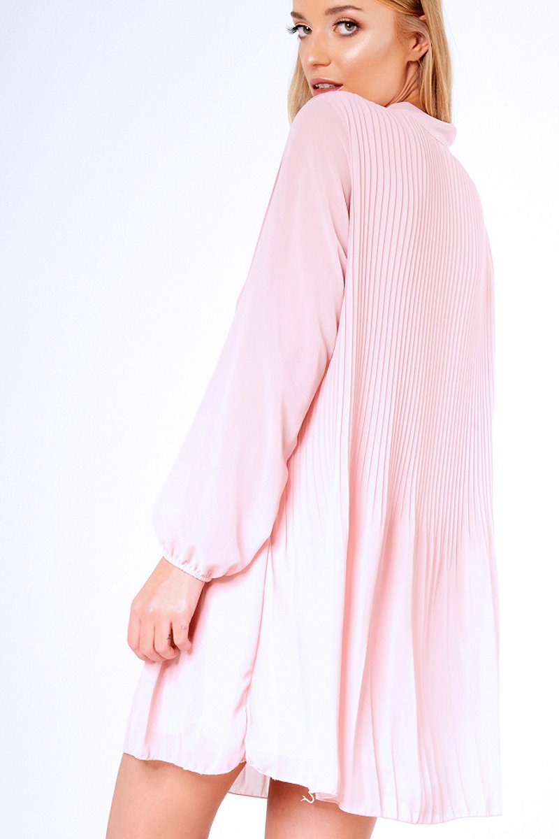 Pink Pleated Tie Neck Long Sleeve Swing Dress - Nickie-Dresses