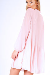 Pink Pleated Tie Neck Long Sleeve Swing Dress - Nickie-Dresses