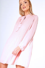 Pink Pleated Tie Neck Long Sleeve Swing Dress - Nickie-Dresses