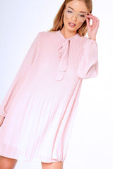 Pink Pleated Tie Neck Long Sleeve Swing Dress - Nickie-Dresses