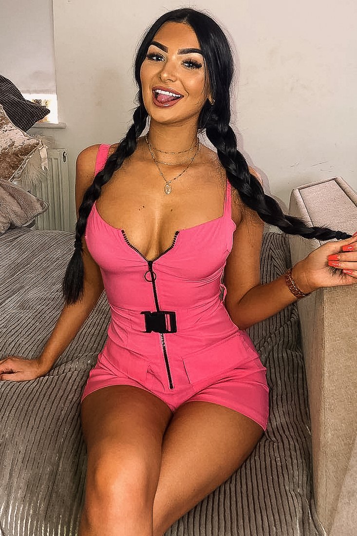Pink Plunge Belted Waist Sleeveless Playsuit - Kerstyn-Playsuits