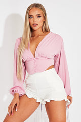 Pink Plunge Button Front Top - Zamina-Tops
