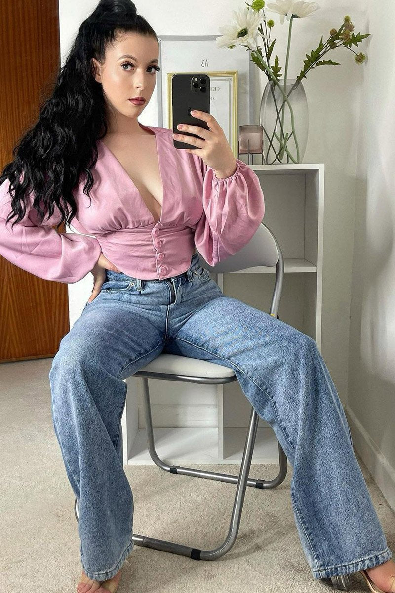 Pink Plunge Button Front Top - Zamina-Tops