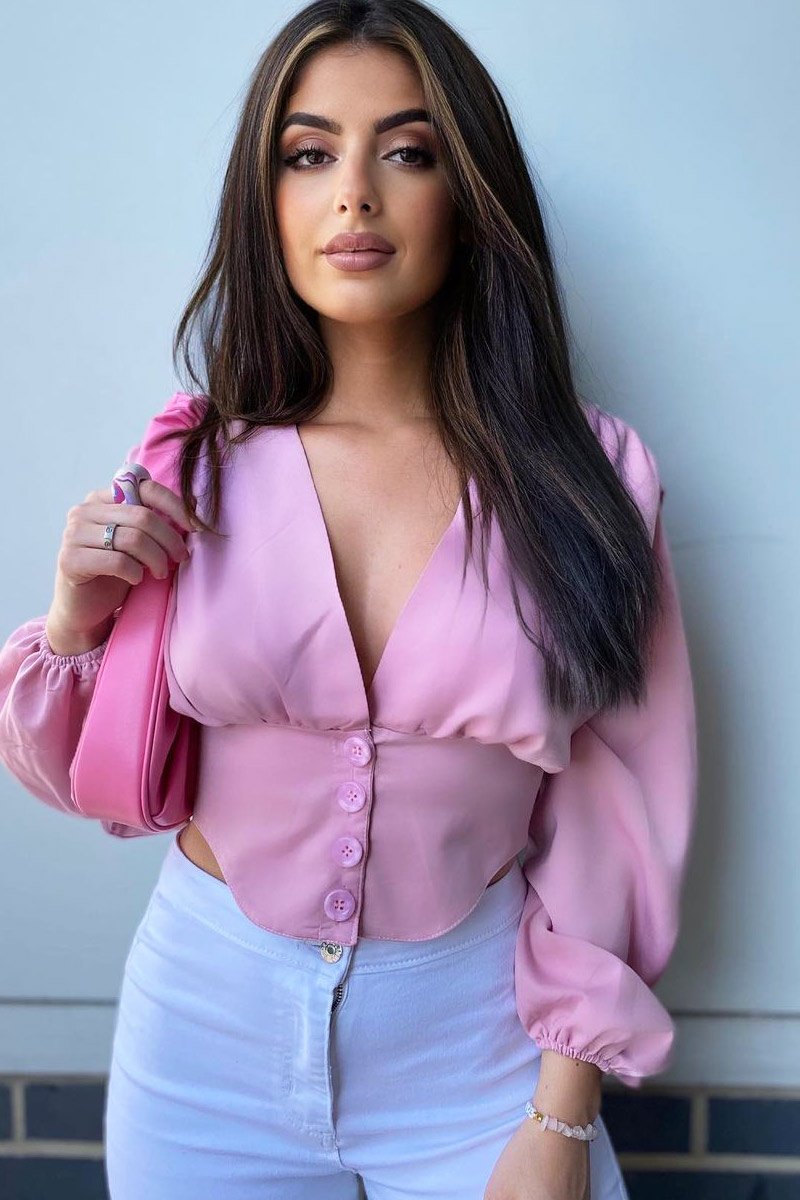 Pink Plunge Button Front Top - Zamina-Tops