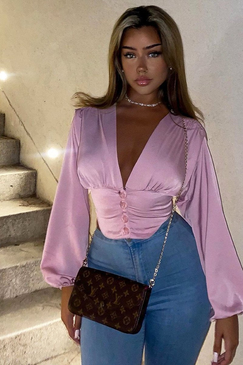 Pink Plunge Button Front Top - Zamina-Tops