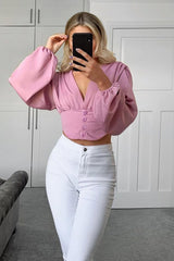 Pink Plunge Button Front Top - Zamina-Tops