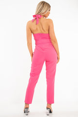 Pink Plunge Front Belted Jumpsuit - Mykel-Jumpsuits