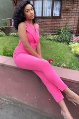 Pink Plunge Front Belted Jumpsuit - Mykel-Jumpsuits
