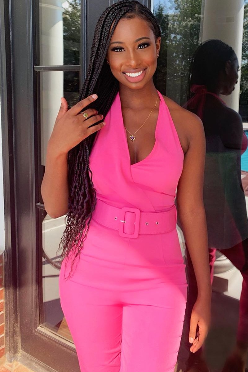 Pink Plunge Front Belted Jumpsuit - Mykel-Jumpsuits
