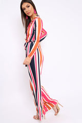Pink Plunge Front Multi Stripe Jumpsuit - Jara-Jumpsuits