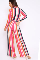 Pink Plunge Front Multi Stripe Jumpsuit - Jara-Jumpsuits