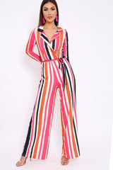Pink Plunge Front Multi Stripe Jumpsuit - Jara-Jumpsuits