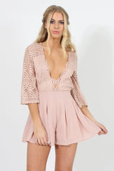 Pink Plunge Lace Playsuit - Yasmine-Playsuits