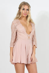 Pink Plunge Lace Playsuit - Yasmine-Playsuits