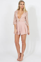 Pink Plunge Lace Playsuit - Yasmine-Playsuits