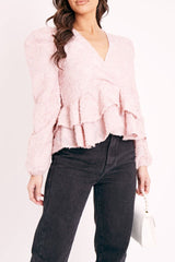 Pink Plunge Neck Peplum Textured Blouse - Aagna-Blouse