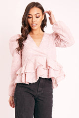 Pink Plunge Neck Peplum Textured Blouse - Aagna-Blouse