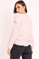 Pink Plunge Neck Peplum Textured Blouse - Aagna-Blouse