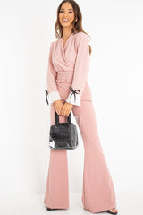 Pink Plunge Shirred Waist Pleated Sleeve Blouse - Skylar-Blouse