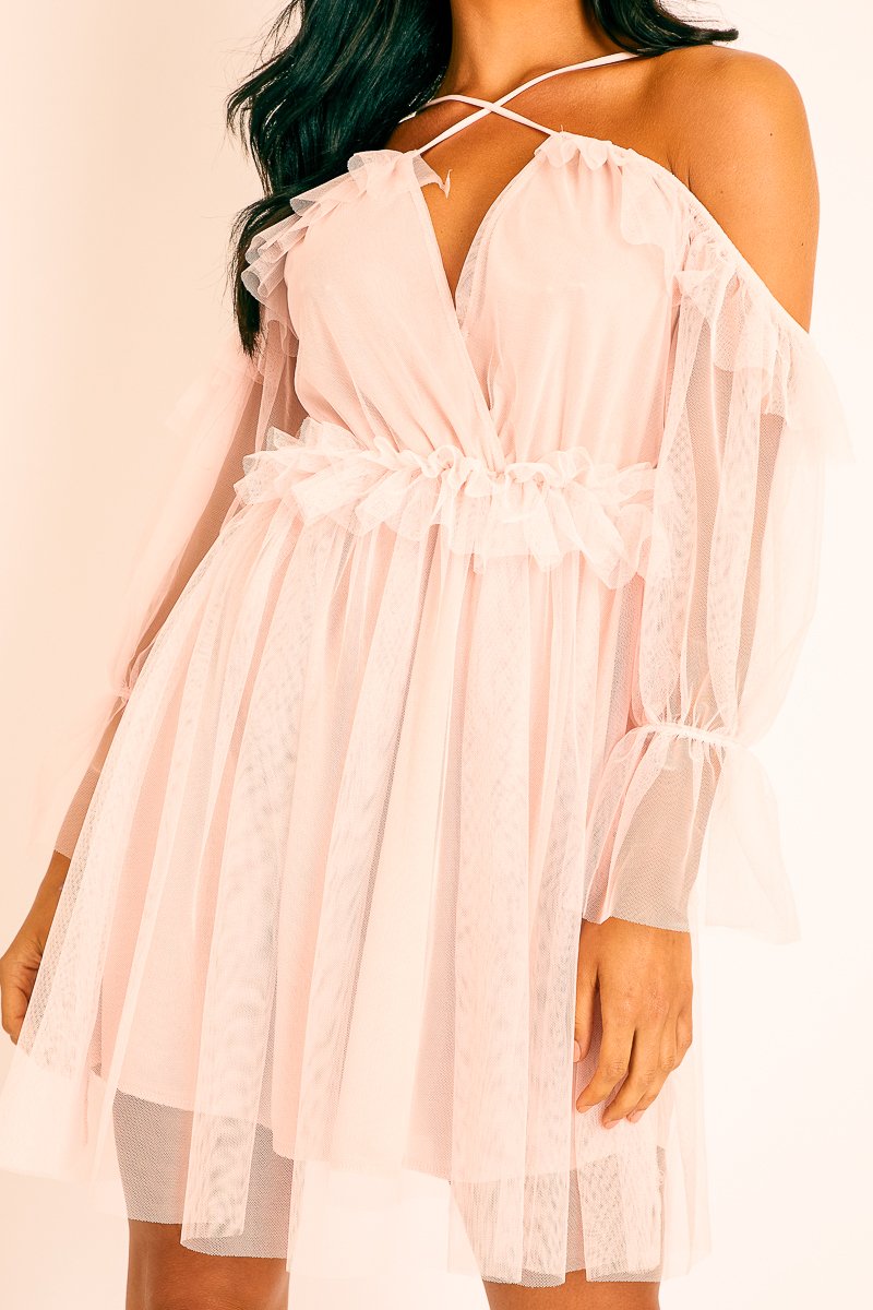 Pink Plunge Tulle Ruffle Cross Back Dress - Aerial-Dresses