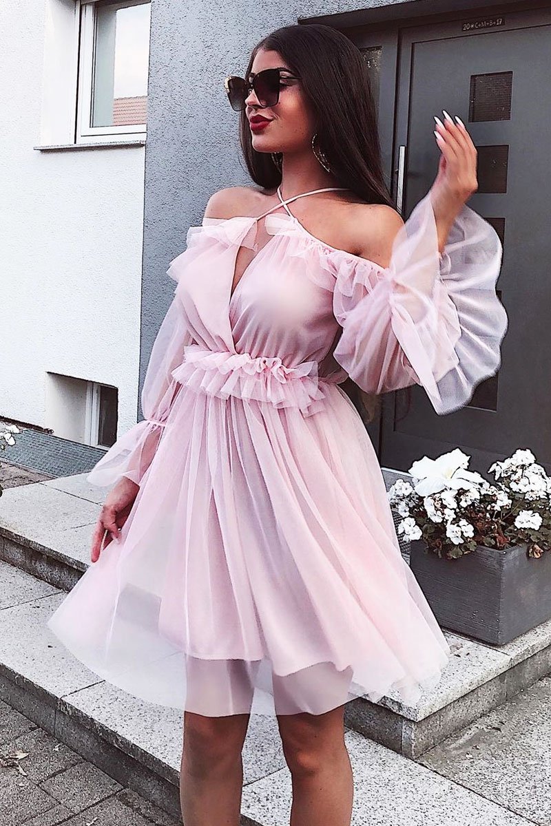 Pink Plunge Tulle Ruffle Cross Back Dress - Aerial-Dresses