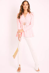 Pink Plunging Double Circle Belt Puff Shoulder Blouse - Catia-Blouse