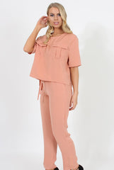 Pink Pocket Front Detail Dipped Hem Trousers - Kem-Trousers