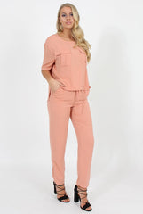 Pink Pocket Front Detail Dipped Hem Trousers - Kem-Trousers