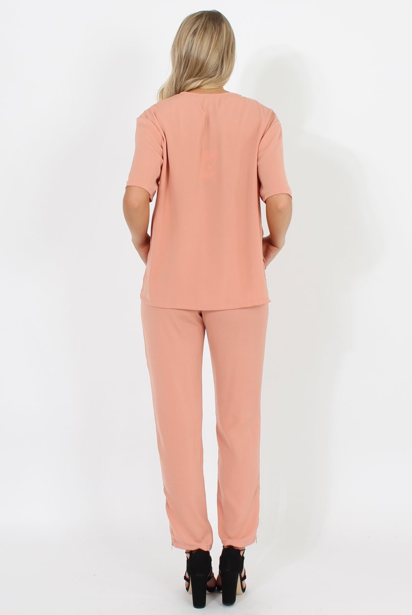 Pink Pocket Front Detail Dipped Hem Trousers - Kem-Trousers