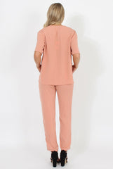 Pink Pocket Front Detail Dipped Hem Trousers - Kem-Trousers