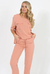 Pink Pocket Front Detail Dipped Hem Trousers - Kem-Trousers